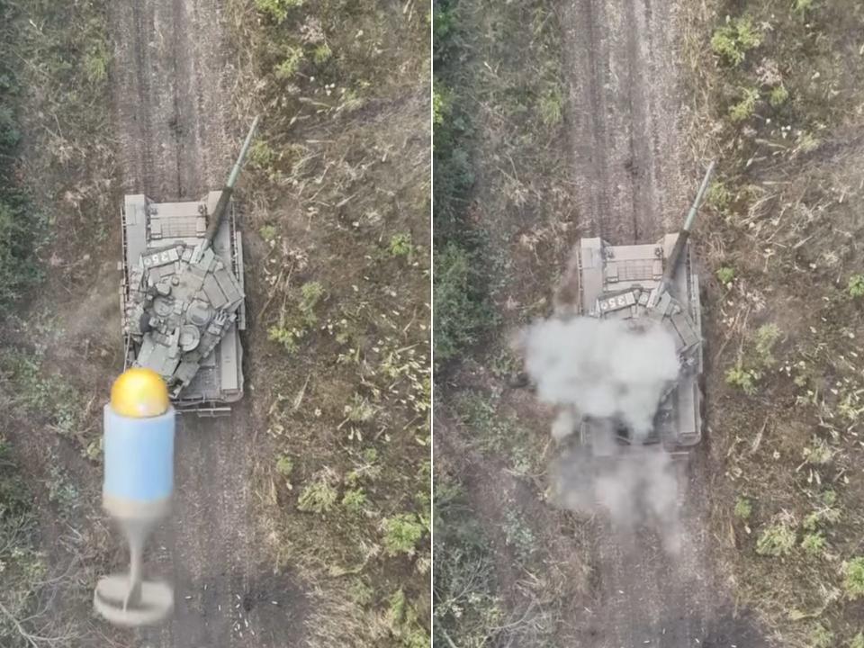 Video shows Ukraine’s ‘hornet’ drones following Russia’s tanks and plopping grenades on top of them